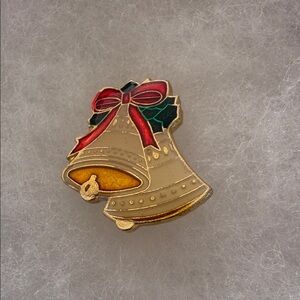 Festive Gold and Red Bell Brooch